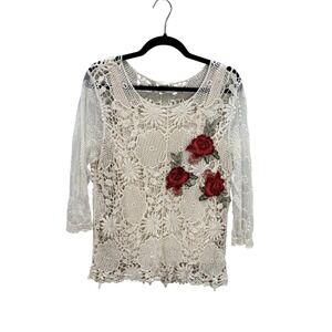 BEDFORD‎ FAIR Womens Sz M Cream Crochet Lace Rose Top Fairy Indie Boho Cottage